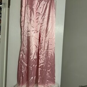 Pink Satin Pajama Pants with Feather Trim